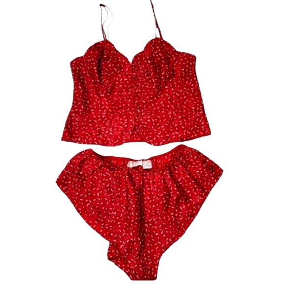 Victoria's Secret Vintage Lingerie 2 Piece Set Red Silky Scalloped Gold Tag 80's